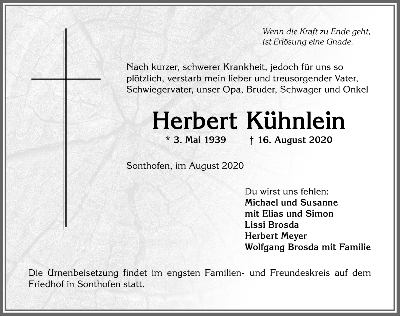  Traueranzeige für Herbert Kühnlein vom 21.08.2020 aus Allgäuer Anzeigeblatt