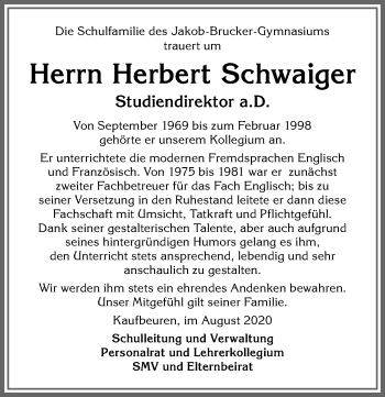 Traueranzeige von Herbert Schwaiger von Allgäuer Zeitung, Kaufbeuren/Buchloe