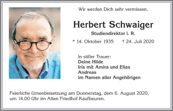 Traueranzeige von Herbert Schwaiger von Allgäuer Zeitung, Kaufbeuren/Buchloe