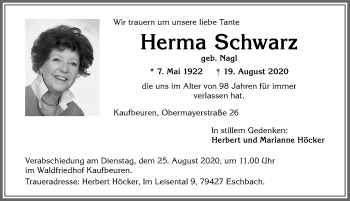 Traueranzeige von Herma Schwarz von Allgäuer Zeitung, Kaufbeuren/Buchloe