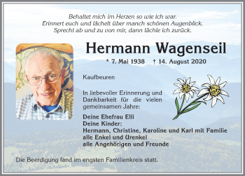 Traueranzeige von Hermann Wagenseil von Allgäuer Zeitung, Kaufbeuren/Buchloe