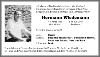 Traueranzeige von Hermann Wiedemann von Memminger Zeitung