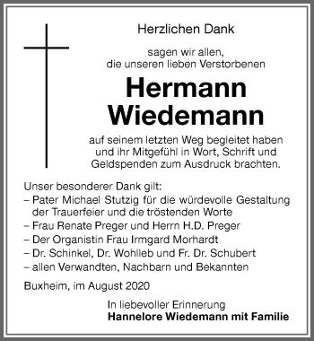 Traueranzeige von Hermann Wiedemann von Memminger Zeitung