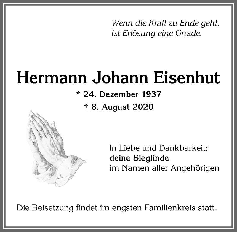  Traueranzeige für Hermann Johann Eisenhut vom 14.08.2020 aus Allgäuer Anzeigeblatt