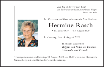 Traueranzeige von Hermine Rasch von Der Westallgäuer
