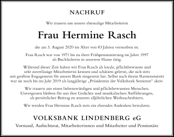 Traueranzeige von Hermine Rasch von Der Westallgäuer