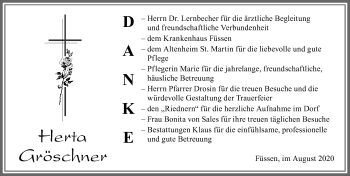 Traueranzeige von Herta Gröschner von Allgäuer Zeitung, Füssen