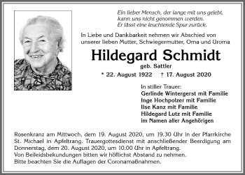 Traueranzeige von Hildegard Schmidt von Allgäuer Zeitung, Kaufbeuren/Buchloe