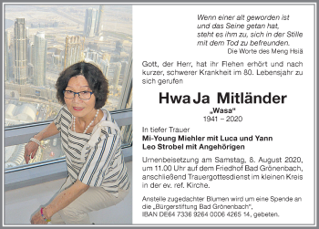Traueranzeige von Hwa Ja Mitländer von Memminger Zeitung