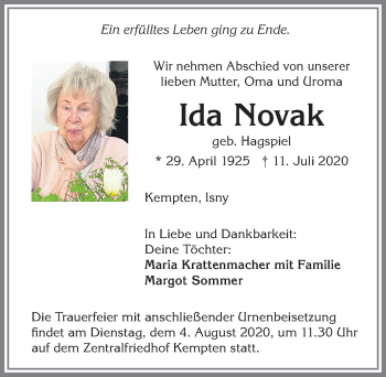 Traueranzeige von Ida Novak von Allgäuer Zeitung,Kempten