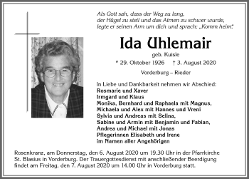 Traueranzeige von Ida Uhlemair von Allgäuer Anzeigeblatt