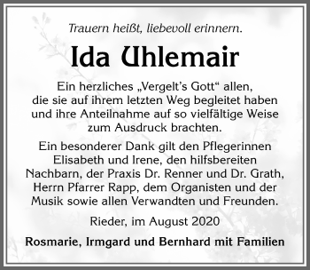 Traueranzeige von Ida Uhlemair von Allgäuer Anzeigeblatt