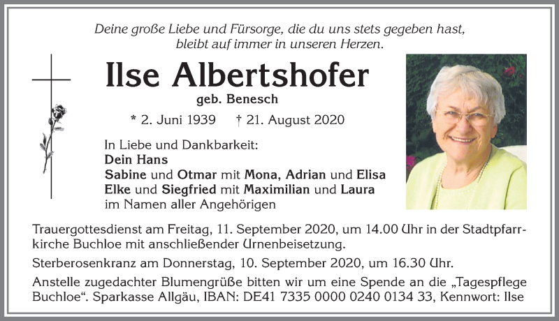  Traueranzeige für Ilse Albertshofer vom 29.08.2020 aus Allgäuer Zeitung, Kaufbeuren/Buchloe
