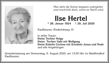 Traueranzeige von Ilse Hertel von Allgäuer Zeitung, Kaufbeuren/Buchloe
