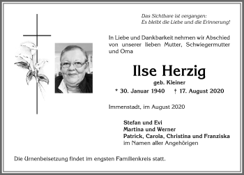 Traueranzeige von Ilse Herzig von Allgäuer Anzeigeblatt