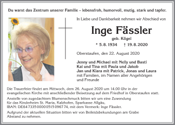 Traueranzeige von Inge Fässler von Allgäuer Anzeigeblatt