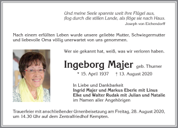Traueranzeige von Ingeborg Majer von Allgäuer Zeitung,Kempten