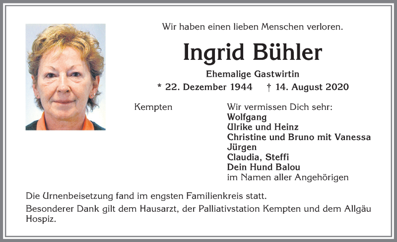  Traueranzeige für Ingrid Bühler vom 22.08.2020 aus Allgäuer Zeitung,Kempten