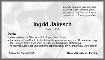 Traueranzeige von Ingrid Jakesch von Allgäuer Zeitung, Kaufbeuren/Buchloe