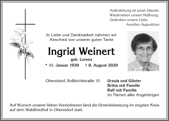 Traueranzeige von Ingrid Weinert von Allgäuer Anzeigeblatt