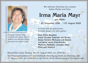 Traueranzeige von Irma Maria Mayr von Allgäuer Zeitung,Kempten