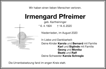 Traueranzeige von Irmengard Pfreimer von Memminger Zeitung