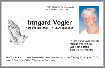 Traueranzeige von Irmgard Vogler von Allgäuer Anzeigeblatt