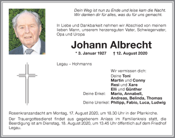 Traueranzeige von Johann Albrecht von Memminger Zeitung
