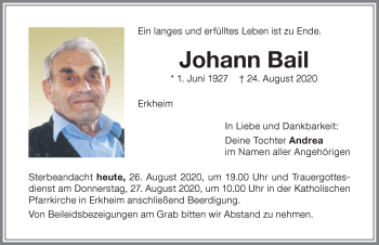 Traueranzeige von Johann Bail von Memminger Zeitung