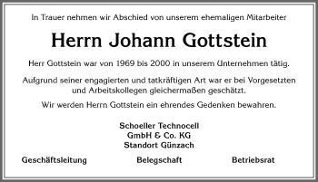 Traueranzeige von Johann Gottstein von Allgäuer Zeitung, Marktoberdorf