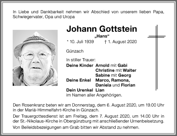 Traueranzeige von Johann Gottstein von Allgäuer Zeitung, Marktoberdorf