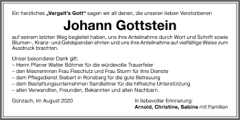 Traueranzeige von Johann Gottstein von Memminger Zeitung