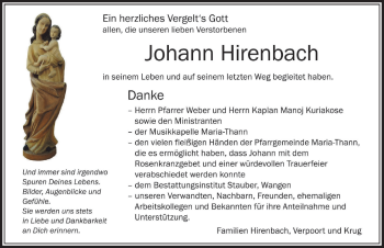 Traueranzeige von Johann Hirenbach von Der Westallgäuer