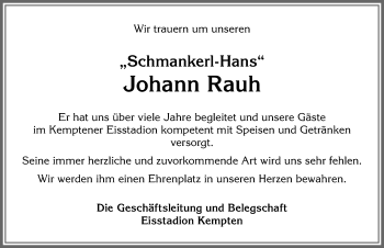 Traueranzeige von Johann Rauh von Allgäuer Zeitung,Kempten