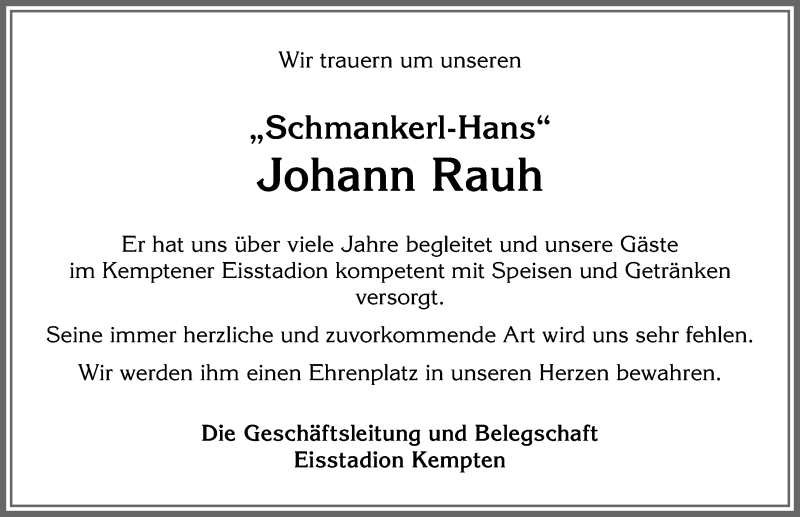  Traueranzeige für Johann Rauh vom 20.08.2020 aus Allgäuer Zeitung,Kempten