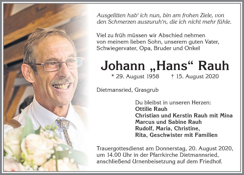  Traueranzeige für Johann Rauh vom 19.08.2020 aus Allgäuer Zeitung,Kempten