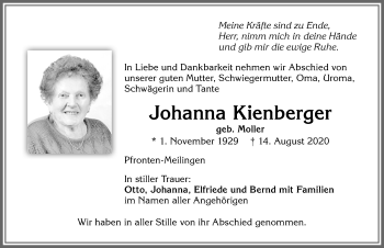 Traueranzeige von Johanna Kienberger von Allgäuer Zeitung, Füssen