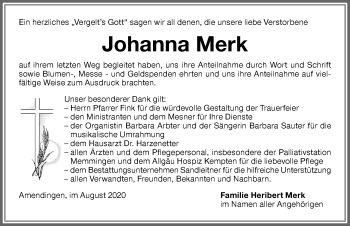 Traueranzeige von Johanna Merk von Memminger Zeitung