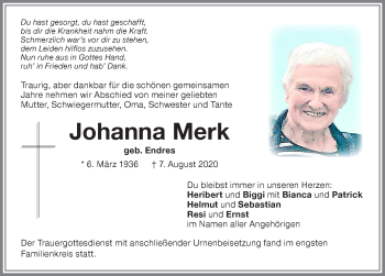 Traueranzeige von Johanna Merk von Memminger Zeitung