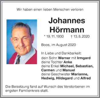 Traueranzeige von Johannes Hörmann von Memminger Zeitung