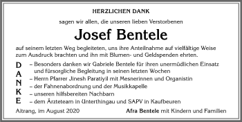 Traueranzeige von Josef Bentele von Allgäuer Zeitung, Marktoberdorf