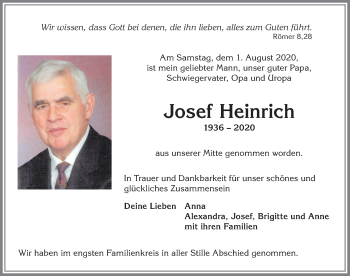 Traueranzeige von Josef Heinrich von Allgäuer Zeitung, Marktoberdorf