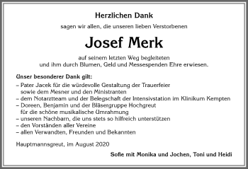 Traueranzeige von Josef Merk von Allgäuer Zeitung,Kempten