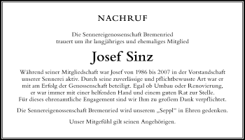 Traueranzeige von Josef Sinz von Der Westallgäuer