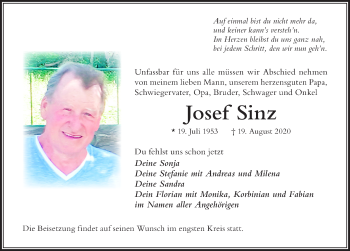 Traueranzeige von Josef Sinz von Der Westallgäuer