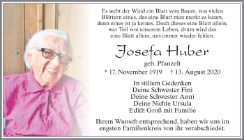 Traueranzeige von Josefa Huber von Allgäuer Zeitung, Füssen