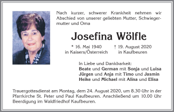 Traueranzeige von Josefina Wölfle von Allgäuer Zeitung, Kaufbeuren/Buchloe