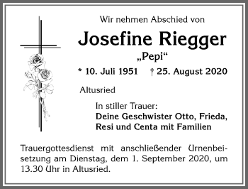 Traueranzeige von Josefine Riegger von Allgäuer Zeitung,Kempten