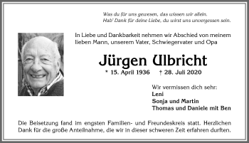Traueranzeige von Jürgen Ulbricht von Allgäuer Anzeigeblatt