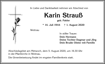 Traueranzeige von Karin Strauß von Allgäuer Zeitung,Kempten